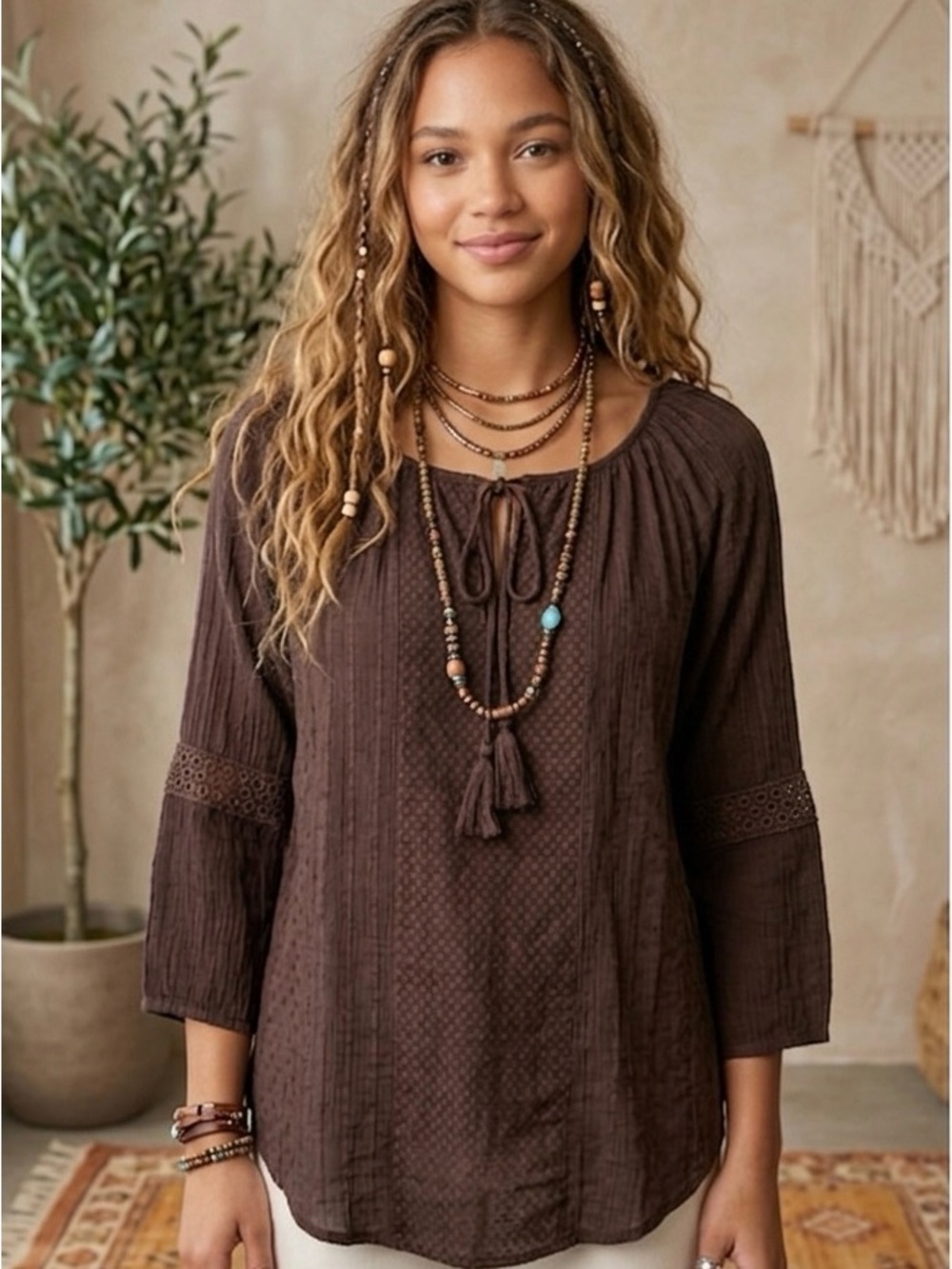 Young Threads Brown Boho Tassel Top - Size M - NWT